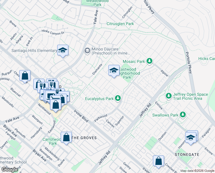 map of restaurants, bars, coffee shops, grocery stores, and more near 111 Mangrove Banks in Irvine