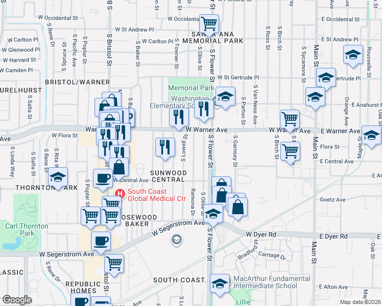 map of restaurants, bars, coffee shops, grocery stores, and more near 2405 South Lowell Street in Santa Ana
