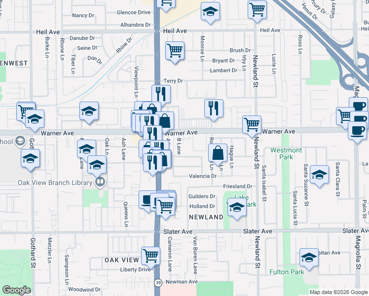 map of restaurants, bars, coffee shops, grocery stores, and more near 17112 B Lane in Huntington Beach