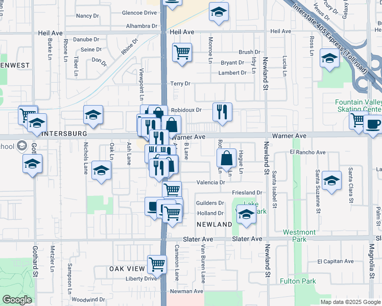 map of restaurants, bars, coffee shops, grocery stores, and more near 17112 B Lane in Huntington Beach