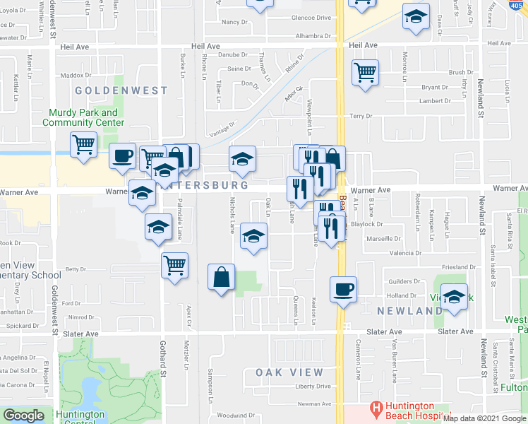 map of restaurants, bars, coffee shops, grocery stores, and more near 17102 Emerald Lane in Huntington Beach