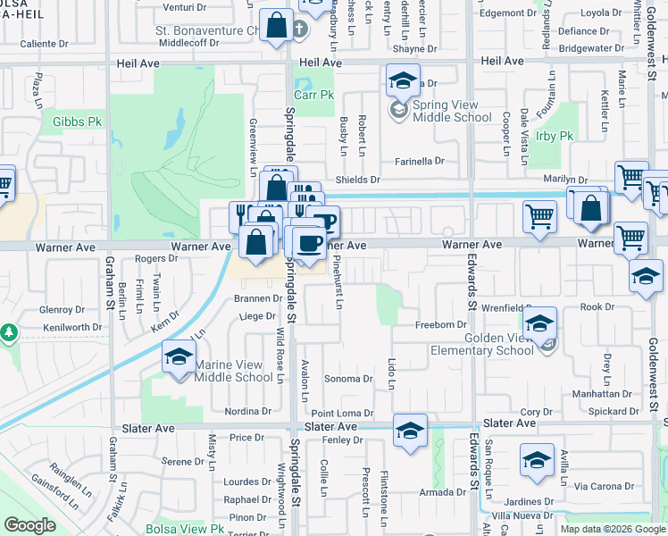 map of restaurants, bars, coffee shops, grocery stores, and more near 17092 Pinehurst Lane in Huntington Beach