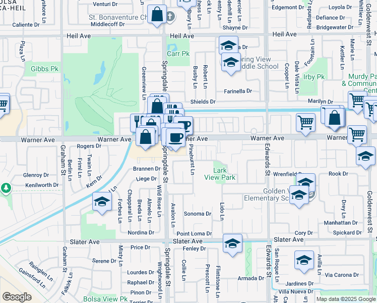 map of restaurants, bars, coffee shops, grocery stores, and more near 17092 Pinehurst Lane in Huntington Beach
