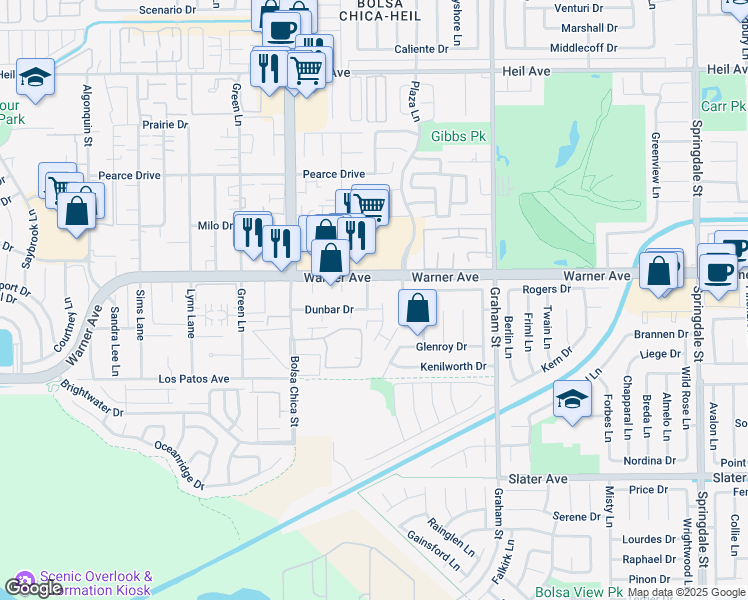 map of restaurants, bars, coffee shops, grocery stores, and more near 5172 Dunbar Drive in Huntington Beach