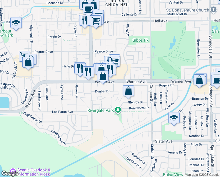 map of restaurants, bars, coffee shops, grocery stores, and more near 5172 Dunbar Drive in Huntington Beach