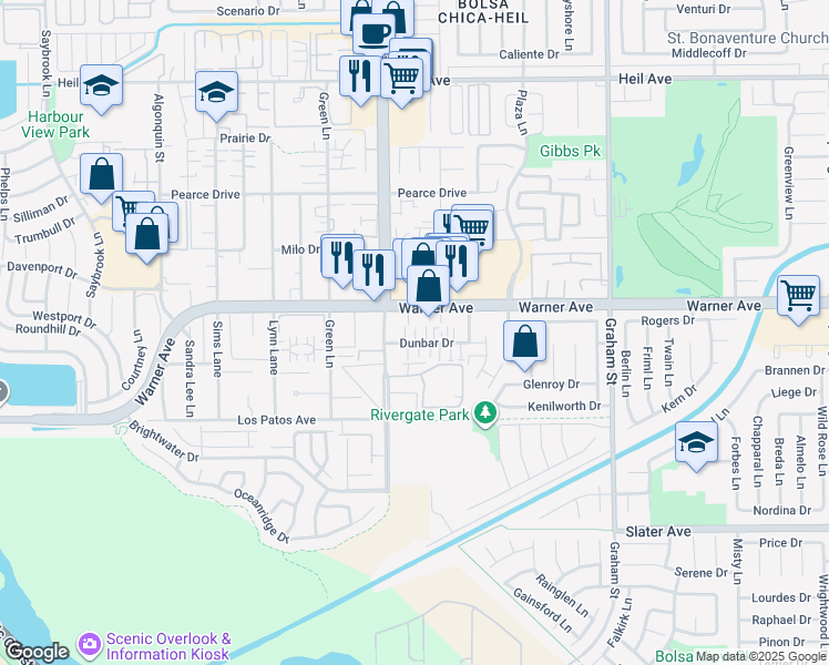 map of restaurants, bars, coffee shops, grocery stores, and more near 17082 Bolsa Chica Street in Huntington Beach