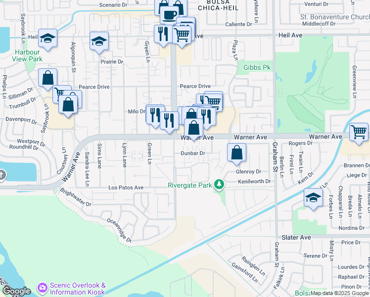 map of restaurants, bars, coffee shops, grocery stores, and more near 17082 Bolsa Chica Street in Huntington Beach