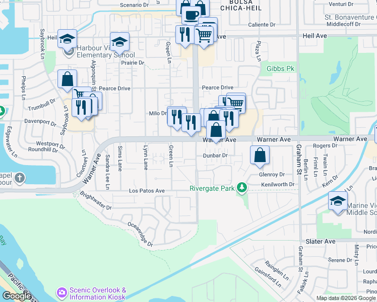 map of restaurants, bars, coffee shops, grocery stores, and more near 4952 Warner Avenue in Huntington Beach