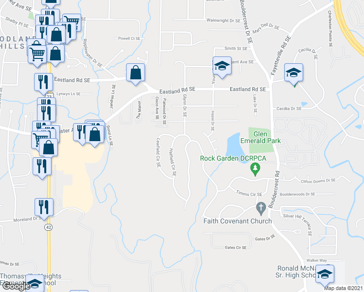 map of restaurants, bars, coffee shops, grocery stores, and more near 2553 Crestdale Circle Southeast in Atlanta