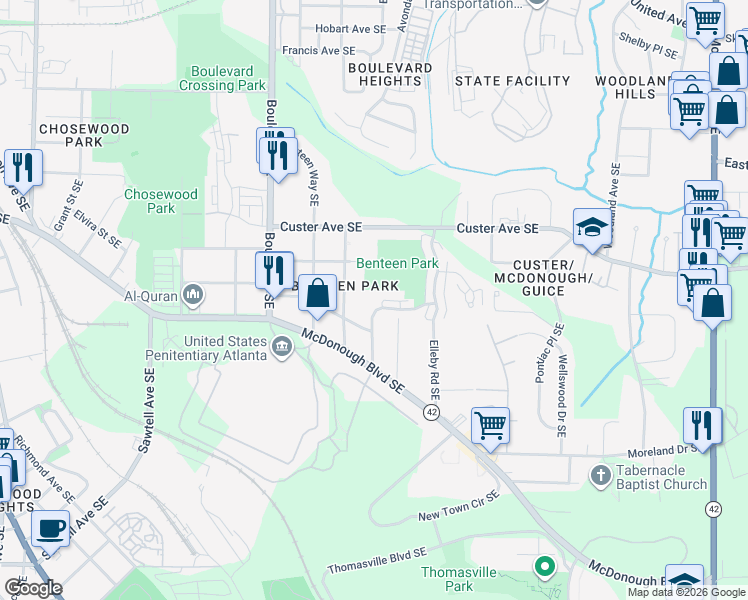map of restaurants, bars, coffee shops, grocery stores, and more near 1398 Marion Street Southeast in Atlanta
