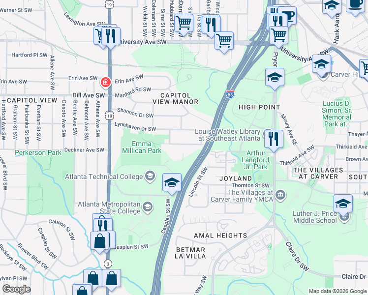 map of restaurants, bars, coffee shops, grocery stores, and more near 414 Deckner Avenue Southwest in Atlanta