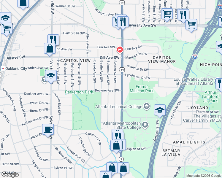 map of restaurants, bars, coffee shops, grocery stores, and more near 1480 Belmont Avenue Southwest in Atlanta