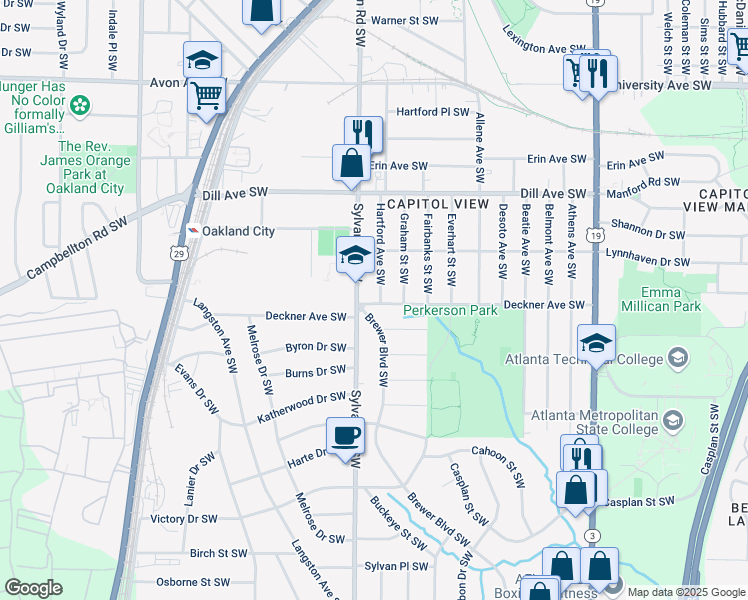 map of restaurants, bars, coffee shops, grocery stores, and more near 1479 Hartford Avenue Southwest in Atlanta