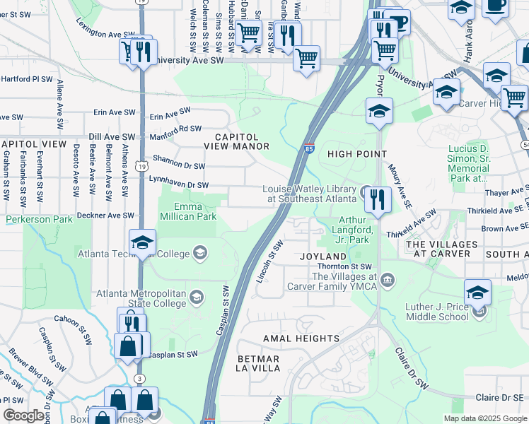 map of restaurants, bars, coffee shops, grocery stores, and more near 382 Deckner Avenue Southwest in Atlanta