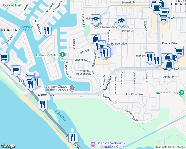 map of restaurants, bars, coffee shops, grocery stores, and more near 17093 Westport Drive in Huntington Beach