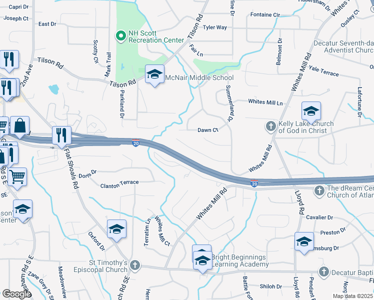 map of restaurants, bars, coffee shops, grocery stores, and more near 2333 Oakridge Court in Decatur