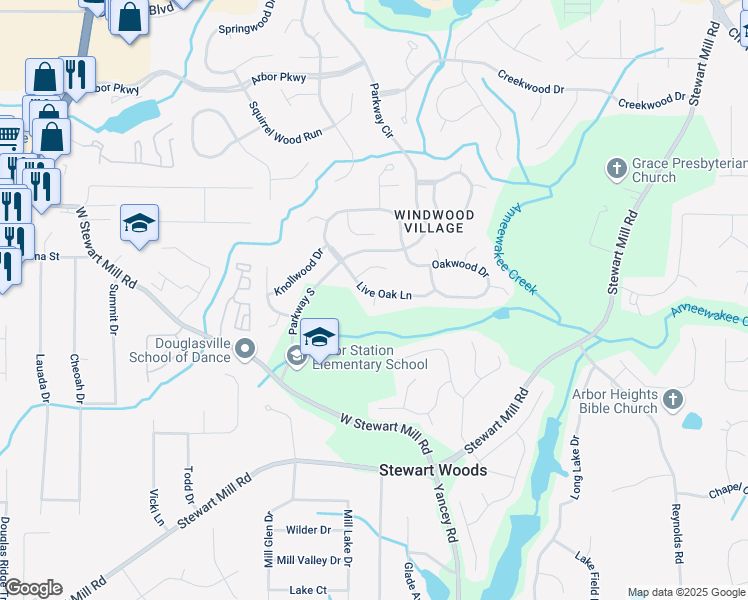 map of restaurants, bars, coffee shops, grocery stores, and more near Silver Leaf Court in Douglasville