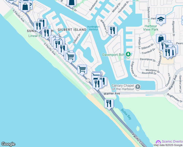 map of restaurants, bars, coffee shops, grocery stores, and more near 16973 Bluewater Lane in Huntington Beach