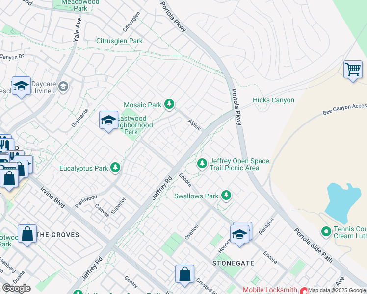 map of restaurants, bars, coffee shops, grocery stores, and more near 54 Quentin in Irvine