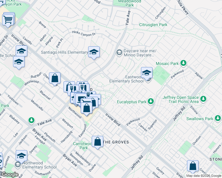 map of restaurants, bars, coffee shops, grocery stores, and more near 1 Streamwood in Irvine