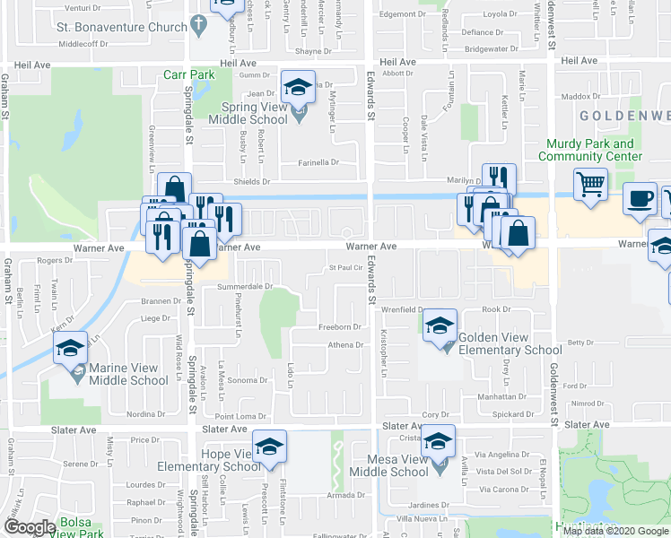 map of restaurants, bars, coffee shops, grocery stores, and more near 6382 St Paul Cir in Huntington Beach