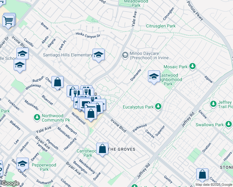 map of restaurants, bars, coffee shops, grocery stores, and more near 249 Pineview in Irvine