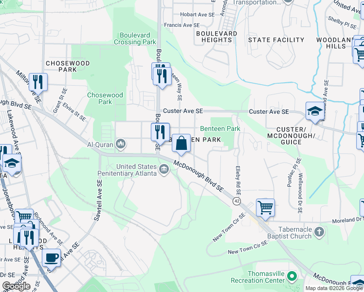 map of restaurants, bars, coffee shops, grocery stores, and more near 636 Federal Terrace Southeast in Atlanta