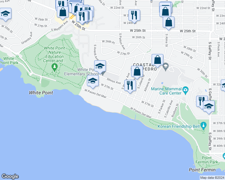 map of restaurants, bars, coffee shops, grocery stores, and more near 3703 South Patton Avenue in Los Angeles