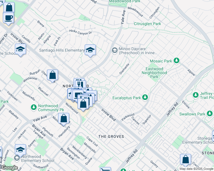 map of restaurants, bars, coffee shops, grocery stores, and more near 250 Pineview in Irvine