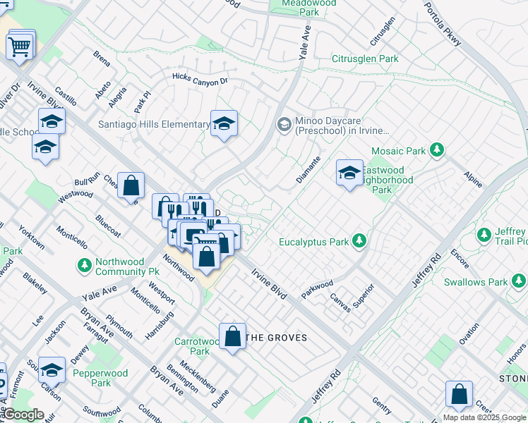 map of restaurants, bars, coffee shops, grocery stores, and more near 249 Pineview in Irvine