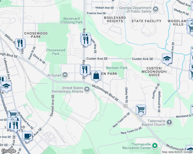 map of restaurants, bars, coffee shops, grocery stores, and more near 645 Federal Terrace Southeast in Atlanta