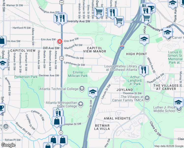 map of restaurants, bars, coffee shops, grocery stores, and more near 426 Deckner Avenue Southwest in Atlanta