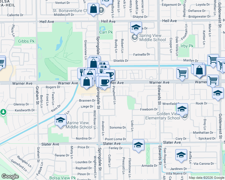 map of restaurants, bars, coffee shops, grocery stores, and more near 17092 Pinehurst Lane in Huntington Beach