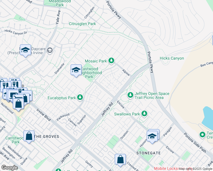 map of restaurants, bars, coffee shops, grocery stores, and more near 59 Gust in Irvine