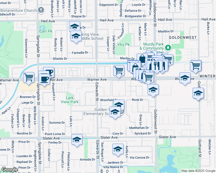map of restaurants, bars, coffee shops, grocery stores, and more near 6600 Warner Avenue in Huntington Beach