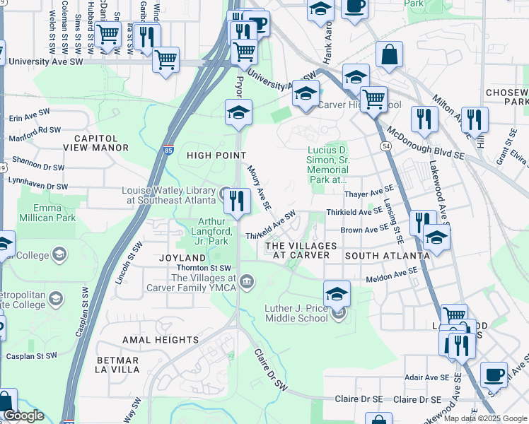 map of restaurants, bars, coffee shops, grocery stores, and more near 204 Moury Avenue Southeast in Atlanta