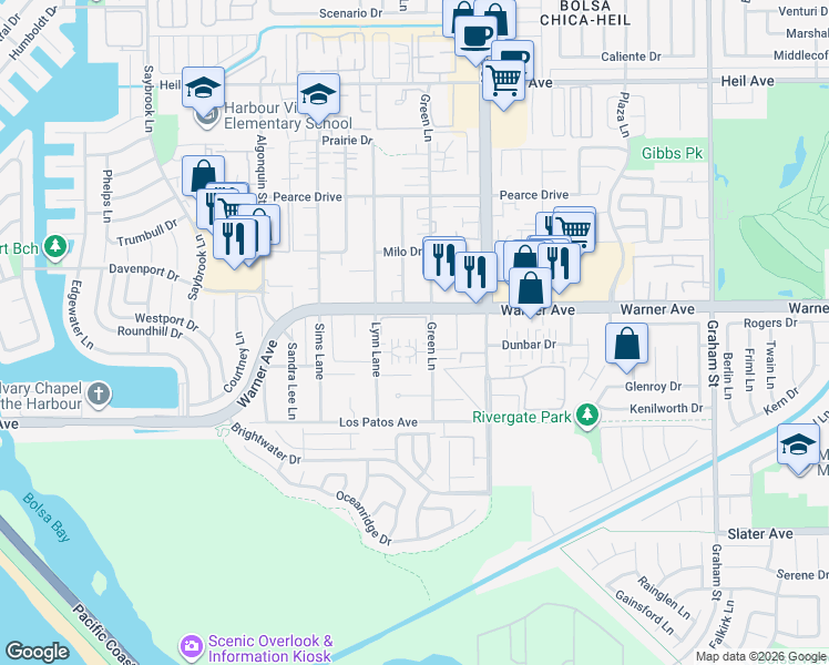 map of restaurants, bars, coffee shops, grocery stores, and more near 4872 Tiara Drive in Huntington Beach
