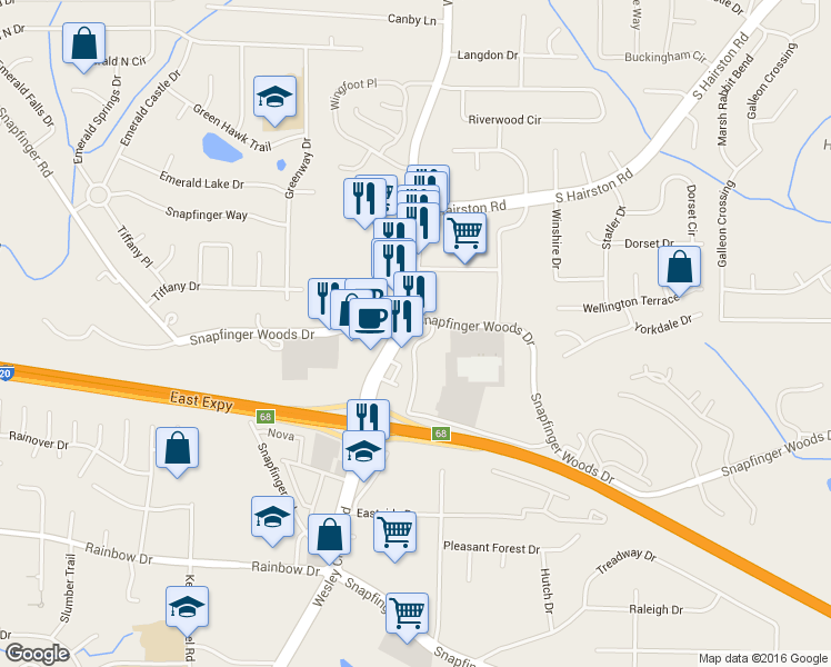 map of restaurants, bars, coffee shops, grocery stores, and more near 2532 Wesley Chapel Road in Decatur