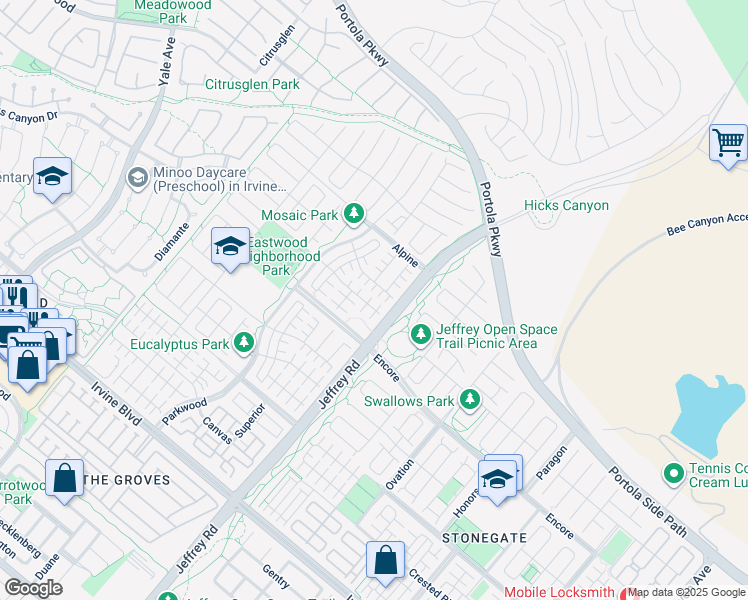 map of restaurants, bars, coffee shops, grocery stores, and more near 175 Frontier in Irvine
