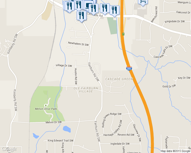 map of restaurants, bars, coffee shops, grocery stores, and more near Fairburn Rd SW & Suttles Dr SW in Atlanta