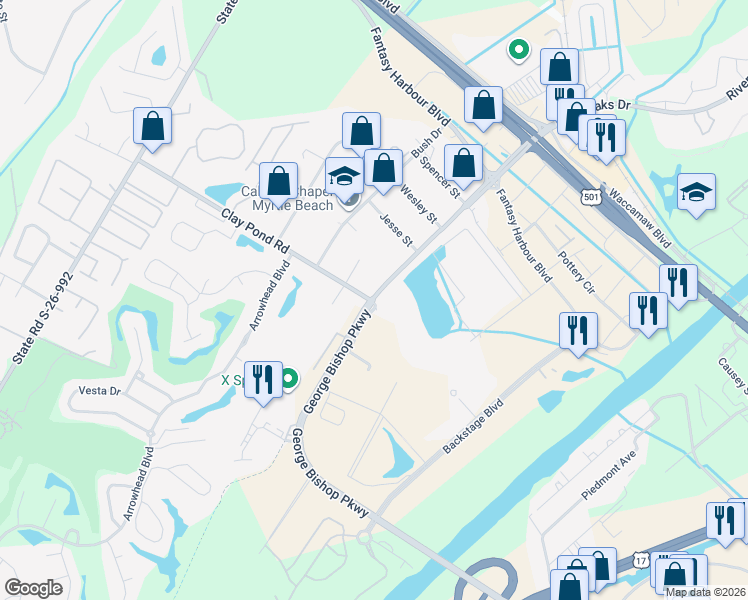 map of restaurants, bars, coffee shops, grocery stores, and more near 212 George Bishop Parkway in Myrtle Beach