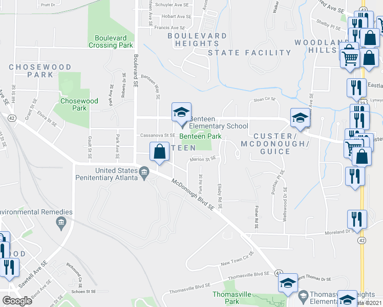 map of restaurants, bars, coffee shops, grocery stores, and more near 1390 Marion Walk Southeast in Atlanta
