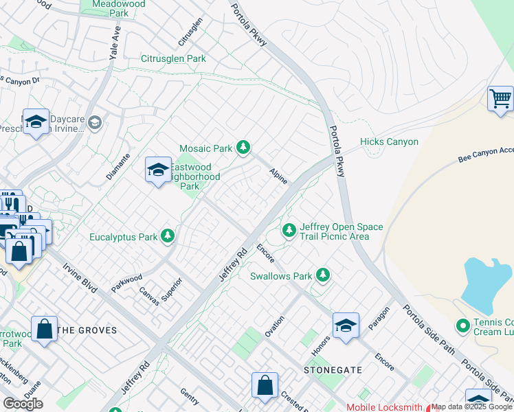 map of restaurants, bars, coffee shops, grocery stores, and more near 175 Frontier in Irvine