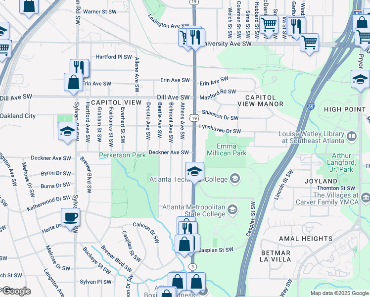map of restaurants, bars, coffee shops, grocery stores, and more near 1474 Athens Avenue Southwest in Atlanta