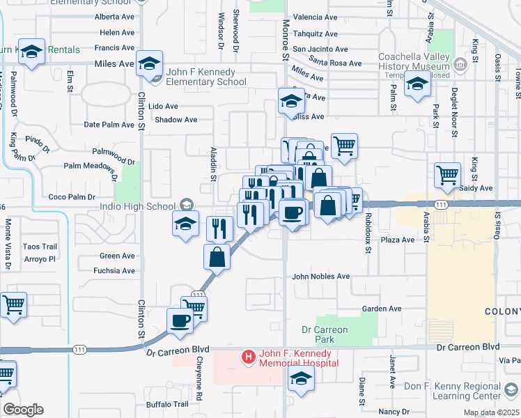 map of restaurants, bars, coffee shops, grocery stores, and more near 81944 California 111 in Indio