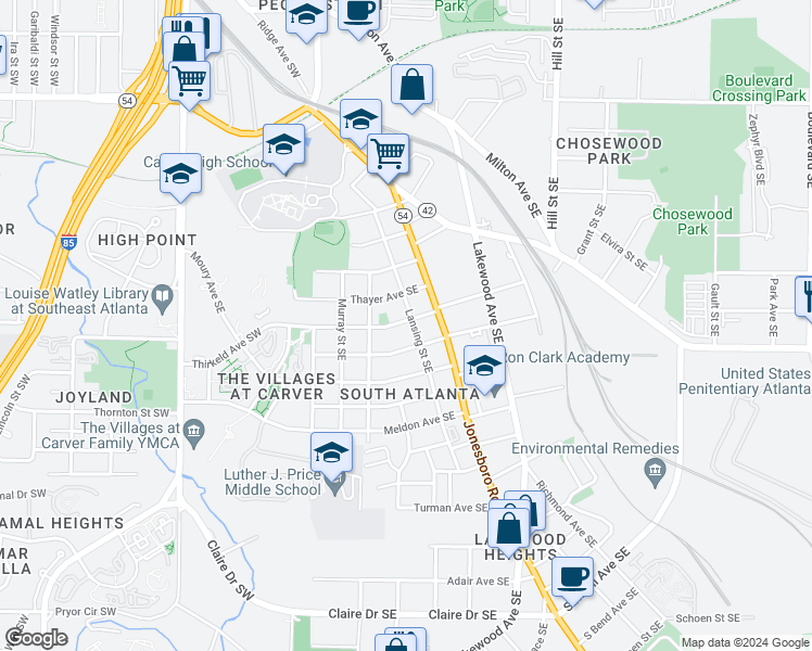 map of restaurants, bars, coffee shops, grocery stores, and more near 109 Thirkield Avenue Southeast in Atlanta