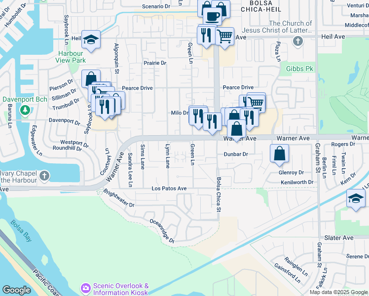 map of restaurants, bars, coffee shops, grocery stores, and more near 4872 Tiara Drive in Huntington Beach