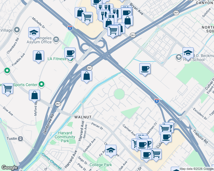 map of restaurants, bars, coffee shops, grocery stores, and more near 21 Arizona in Irvine