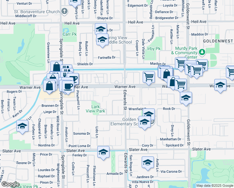 map of restaurants, bars, coffee shops, grocery stores, and more near 6371 Meadow Crest Drive in Huntington Beach