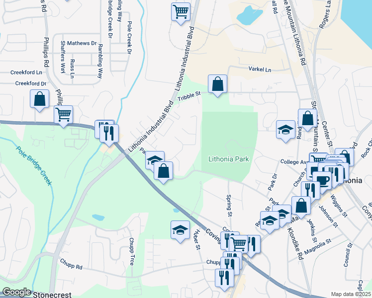 map of restaurants, bars, coffee shops, grocery stores, and more near 2736 Parkway Trail in Lithonia